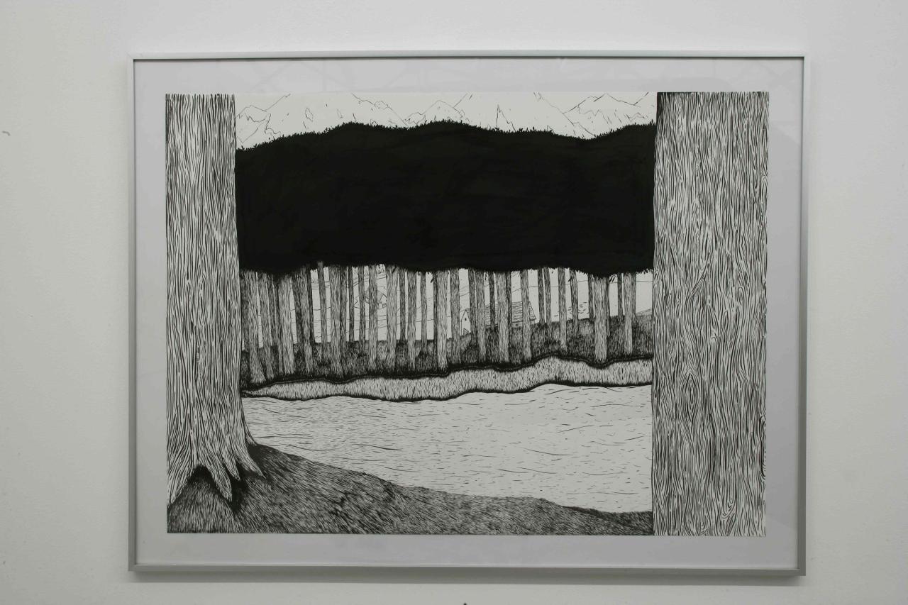 sans-titre-arbres-foret-cabane-2004.encre-de-chine-sur-papier.-55x70cm